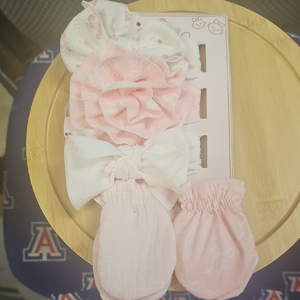 Charming Pink and White Baby Headband and Mittens Set